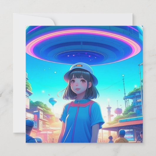 Anime meisje onder een UFO in de stad (Voorkant)