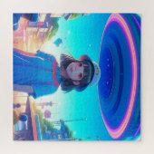 Anime meisje onder een ufo in de stad legpuzzel (Horizontaal)