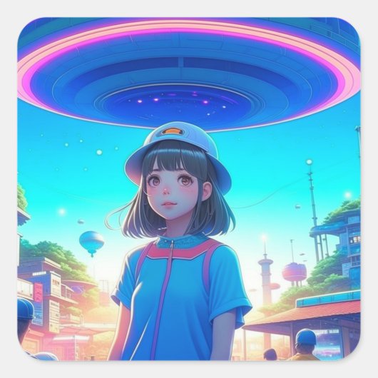 Anime meisje onder een ufo in de stad vierkante sticker (Voorkant)