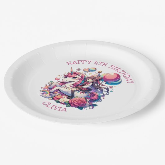 Anime Meisje op Eenhoorn Verjaardag Gepersonalisee Papieren Bordje (Gekanteld)