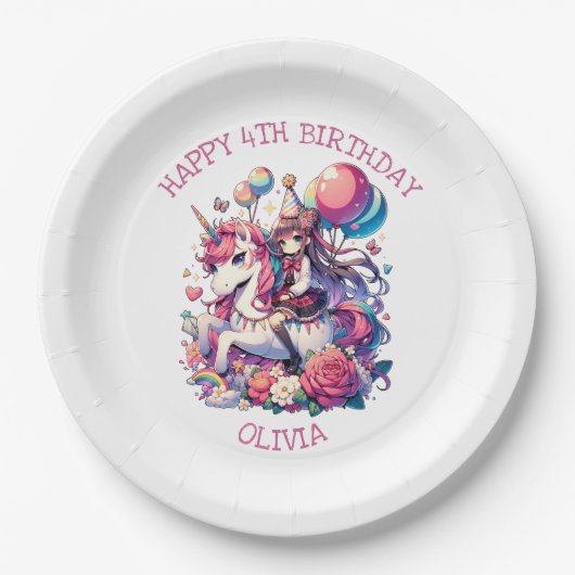 Anime Meisje op Eenhoorn Verjaardag Gepersonalisee Papieren Bordje (Voorkant)
