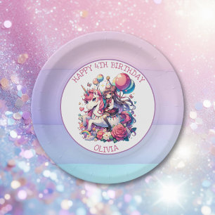 Anime Meisje op Eenhoorn Verjaardag Gepersonalisee Papieren Bordje