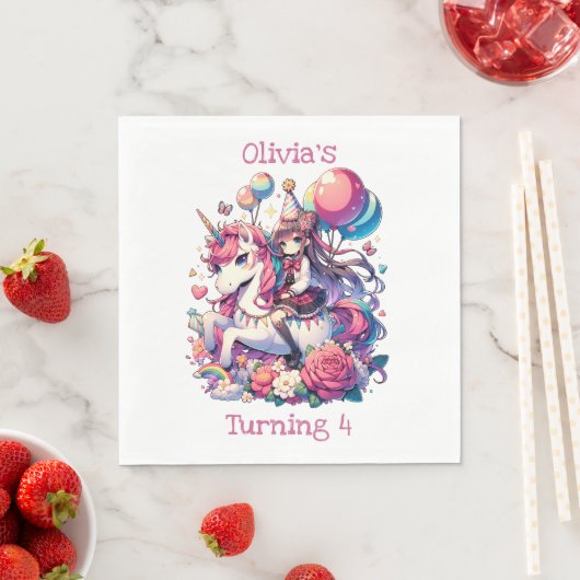 Anime Meisje op Eenhoorn Verjaardag Gepersonalisee Servet (Insitu)