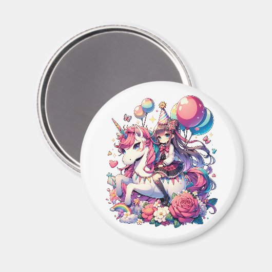 Anime meisje op eenhoorn verjaardag magneet (Voorkant / Achterkant)