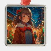 Anime Meisje op Kerstnacht Metalen Ornament (Voorkant)
