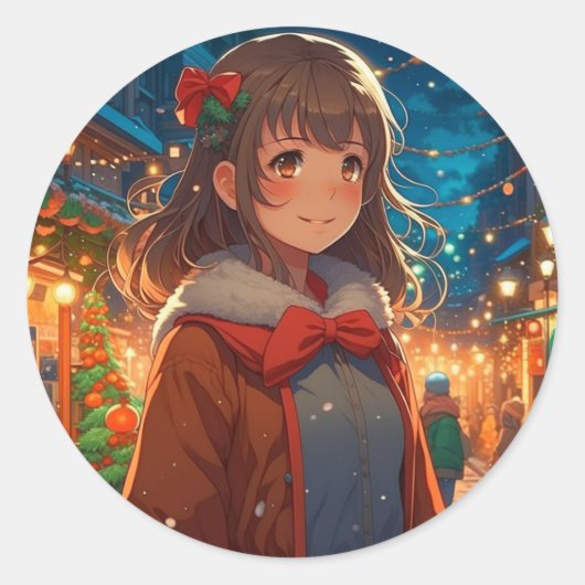 Anime Meisje op Kerstnacht Ronde Sticker (Voorkant)