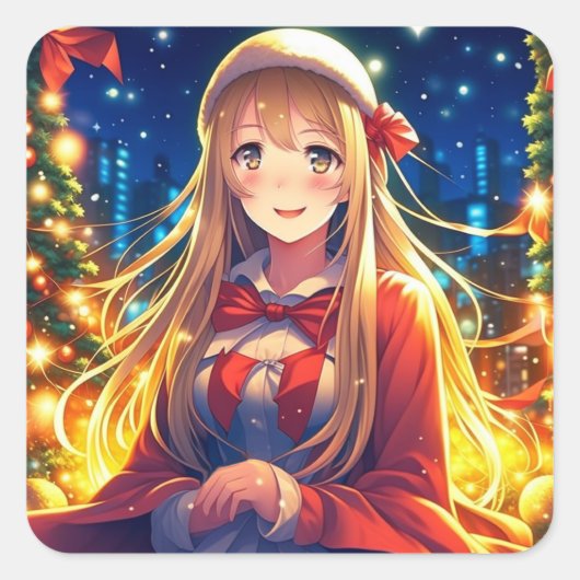  Anime Meisje op Winterdag Kerstmis Vierkante Sticker (Voorkant)