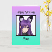 Anime Meisje Paarse Verjaardag Gepersonaliseerd Kaart (Gele Bloem)