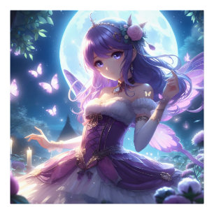 Anime Meisje Paarse Vlindervleugel Maanfee Foto Afdruk