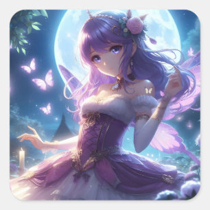Anime Meisje Paarse Vlindervleugel Maanfee  Vierkante Sticker