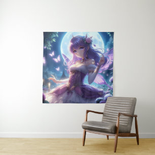 Anime Meisje Paarse Vlindervleugel Maanfee Wandkleed