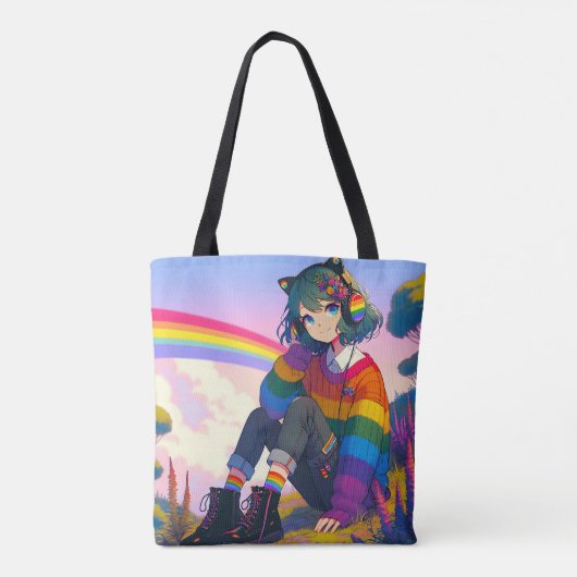 Anime Meisje Regenboog Sweater Gepersonaliseerd Tote Bag (Achterkant)