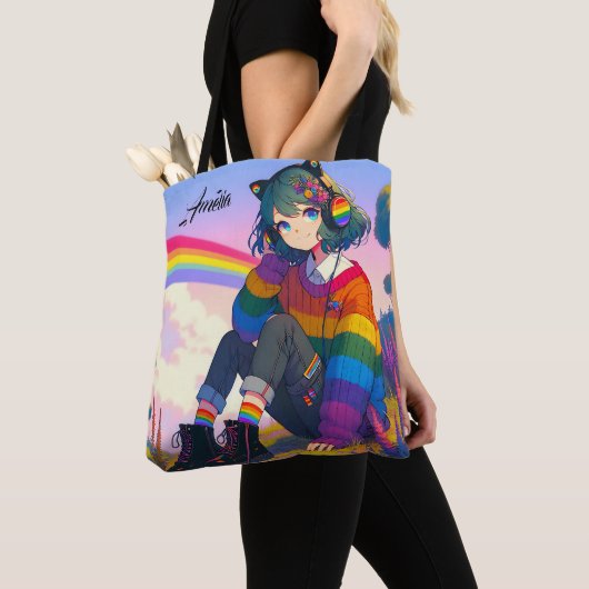 Anime Meisje Regenboog Sweater Gepersonaliseerd Tote Bag (Dichtbij)