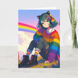 Anime meisje regenboog trui gepersonaliseerde verj kaart