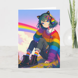 Anime meisje regenboog trui gepersonaliseerde verj kaart