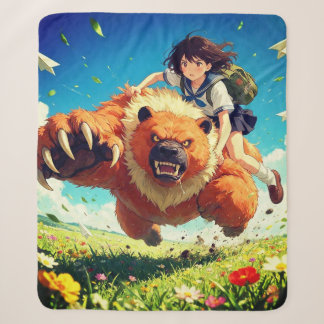 Anime Meisje Reist op Reusachtige Beer Kunst Sherpa Deken