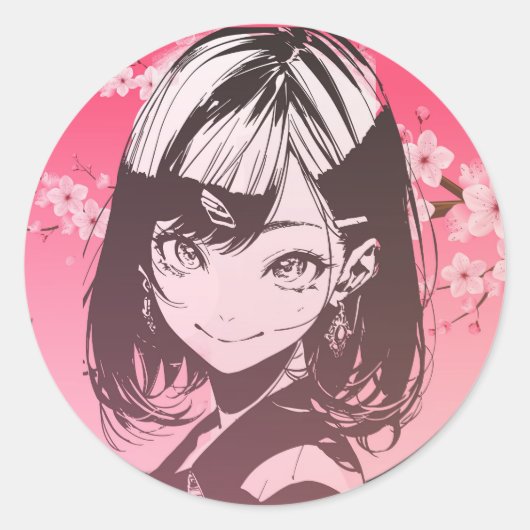 Anime Meisje Ronde Sticker (Voorkant)