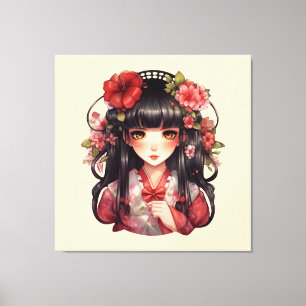 Anime meisje roze bloemen canvas afdruk