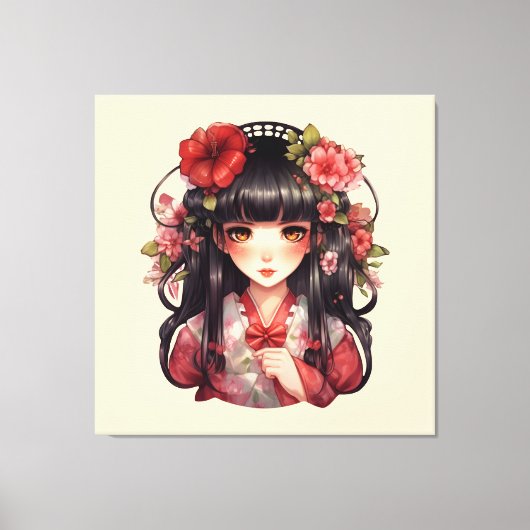 Anime meisje roze bloemen canvas afdruk (Voorkant)