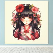 Anime meisje roze bloemen canvas afdruk (Insitu (Houten vloer))