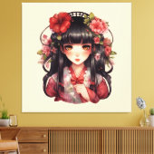 Anime meisje roze bloemen canvas afdruk (Insitu (Woonkamer))