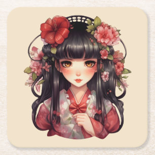 Anime meisje roze bloemen kartonnen onderzetters