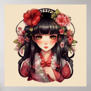 Anime meisje roze bloemen poster