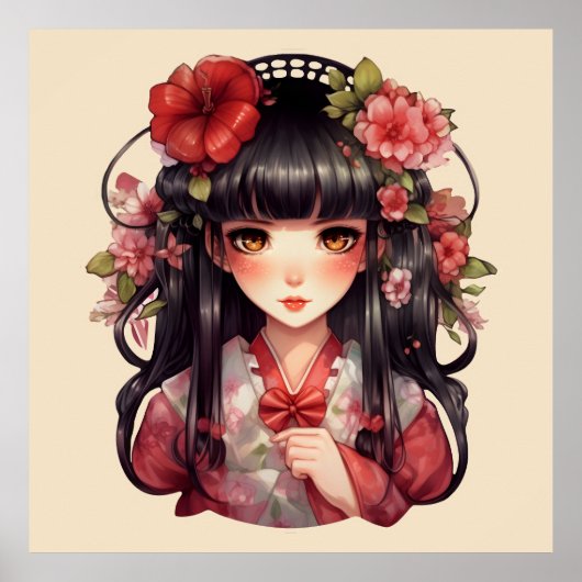 Anime meisje roze bloemen poster (Voorkant)