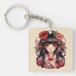 Anime meisje roze bloemen sleutelhanger