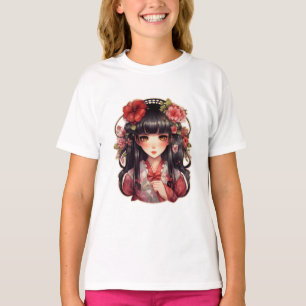 Anime meisje roze bloemen t-shirt