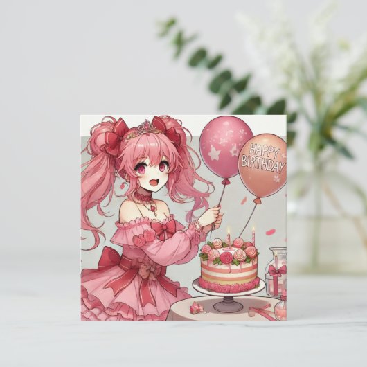 Anime meisje Roze verjaardag Kaart (Staand voorkant)