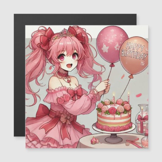 Anime meisje Roze verjaardag magnetische kaart Magnetische Uitnodiging (Voorkant / Achterkant)