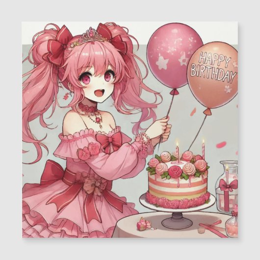 Anime meisje Roze verjaardag magnetische kaart Magnetische Uitnodiging (Voorkant)