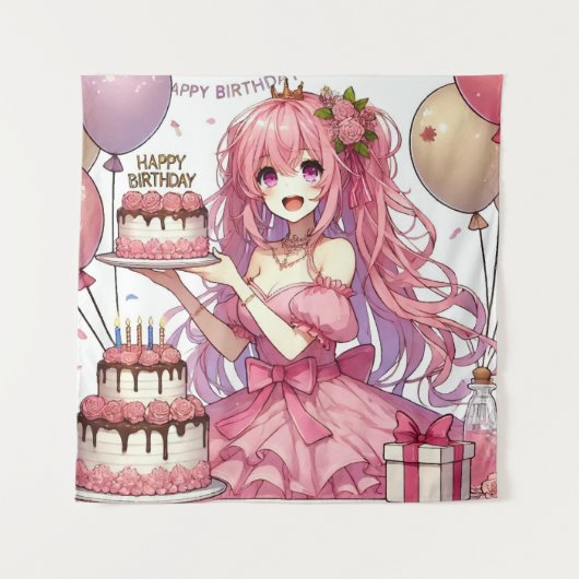 Anime meisje Roze verjaardag Wandkleed (Voorkant)