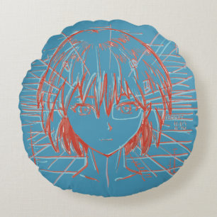 Anime Meisje Schets & Cyber Raster Patroon Rond Kussen