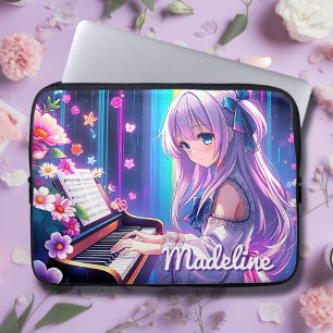 Anime Meisje speelt piano gepersonaliseerd Laptop Sleeve