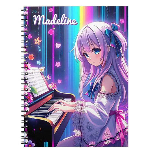 Anime Meisje speelt piano gepersonaliseerd Notitieboek (Voorkant)