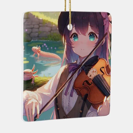 Anime Meisje Spelen De Viool en Axolotls Keramisch Ornament (Rechts)