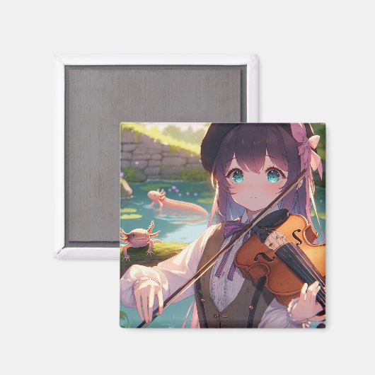 Anime Meisje Spelen De Viool en Axolotls Magneet (Voorkant / Achterkant)