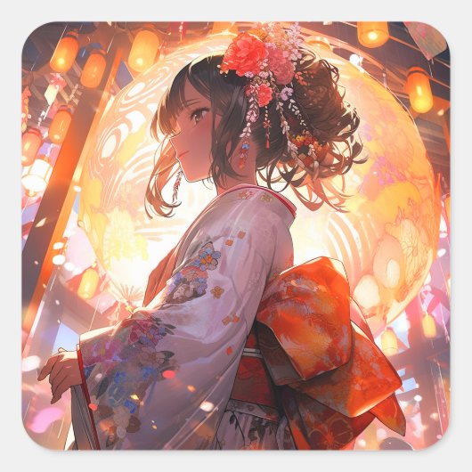 Anime Meisje Sterren Vierkante Sticker (Voorkant)