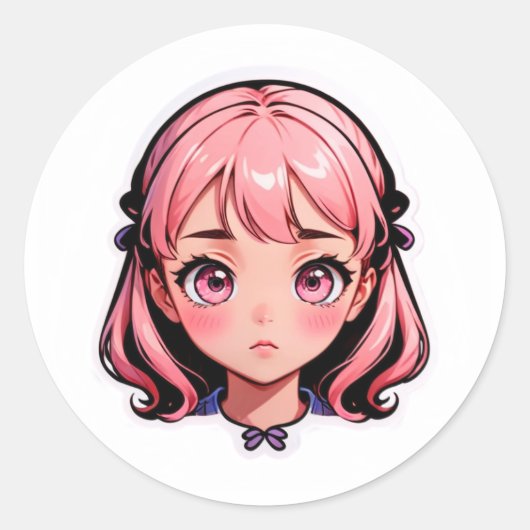 Anime Meisje Sticker - Roze Haar Chibi Stijl (Voorkant)