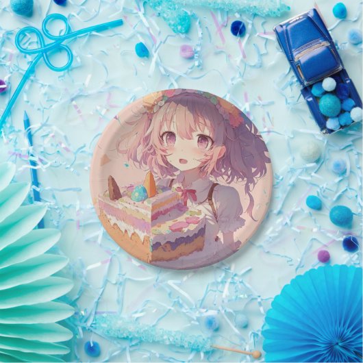 Anime Meisje Stuk van Taart Whimsical Verjaardag Papieren Bordje (Feest)