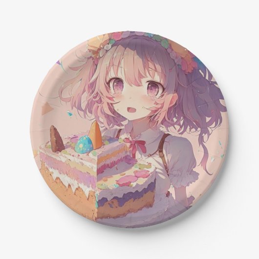 Anime Meisje Stuk van Taart Whimsical Verjaardag Papieren Bordje (Voorkant)