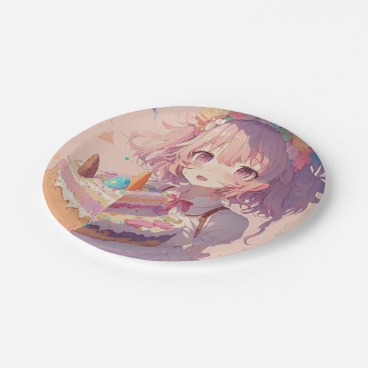 Anime Meisje Stuk van Taart Whimsical Verjaardag Papieren Bordje (Gekanteld)