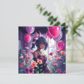 Anime Meisje van Kleur Bloemen Verjaardag Kaart (Staand voorkant)