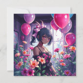 Anime Meisje van Kleur Bloemen Verjaardag Kaart (Voorkant)