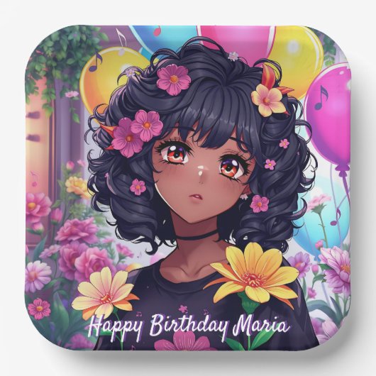 Anime Meisje van Kleur Gepersonaliseerde Verjaarda Papieren Bordje (Voorkant)