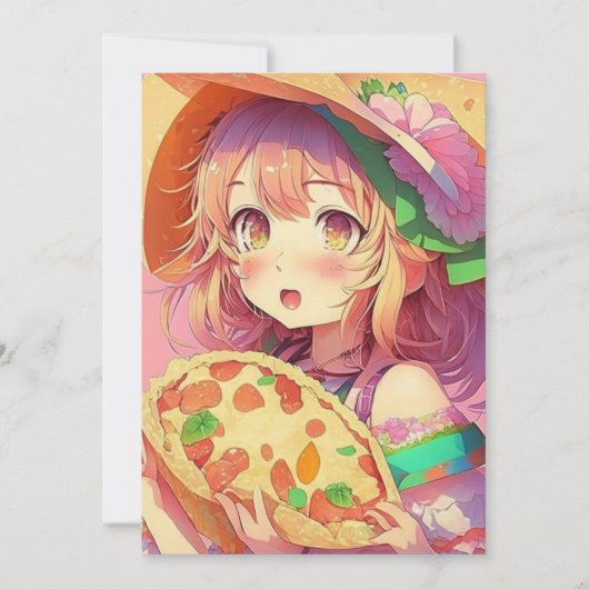 Anime Meisje Verjaardag Pizza Party Kaart (Voorkant)