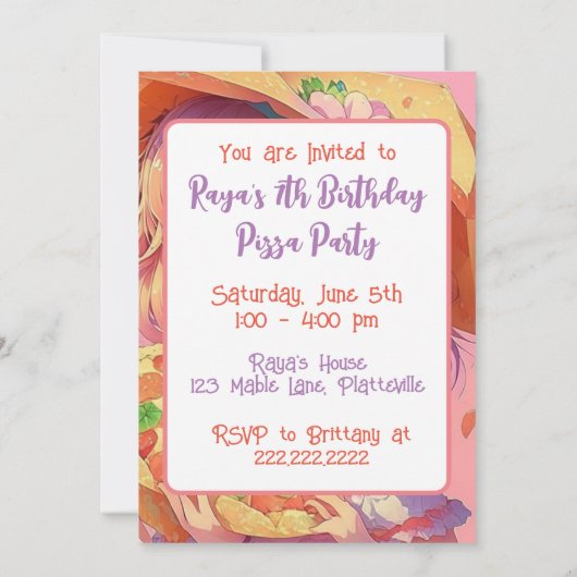 Anime Meisje Verjaardag Pizza Party Kaart (Achterkant)