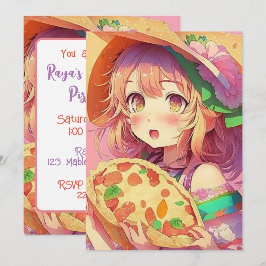 Anime Meisje Verjaardag Pizza Party Kaart (Voorkant / Achterkant)